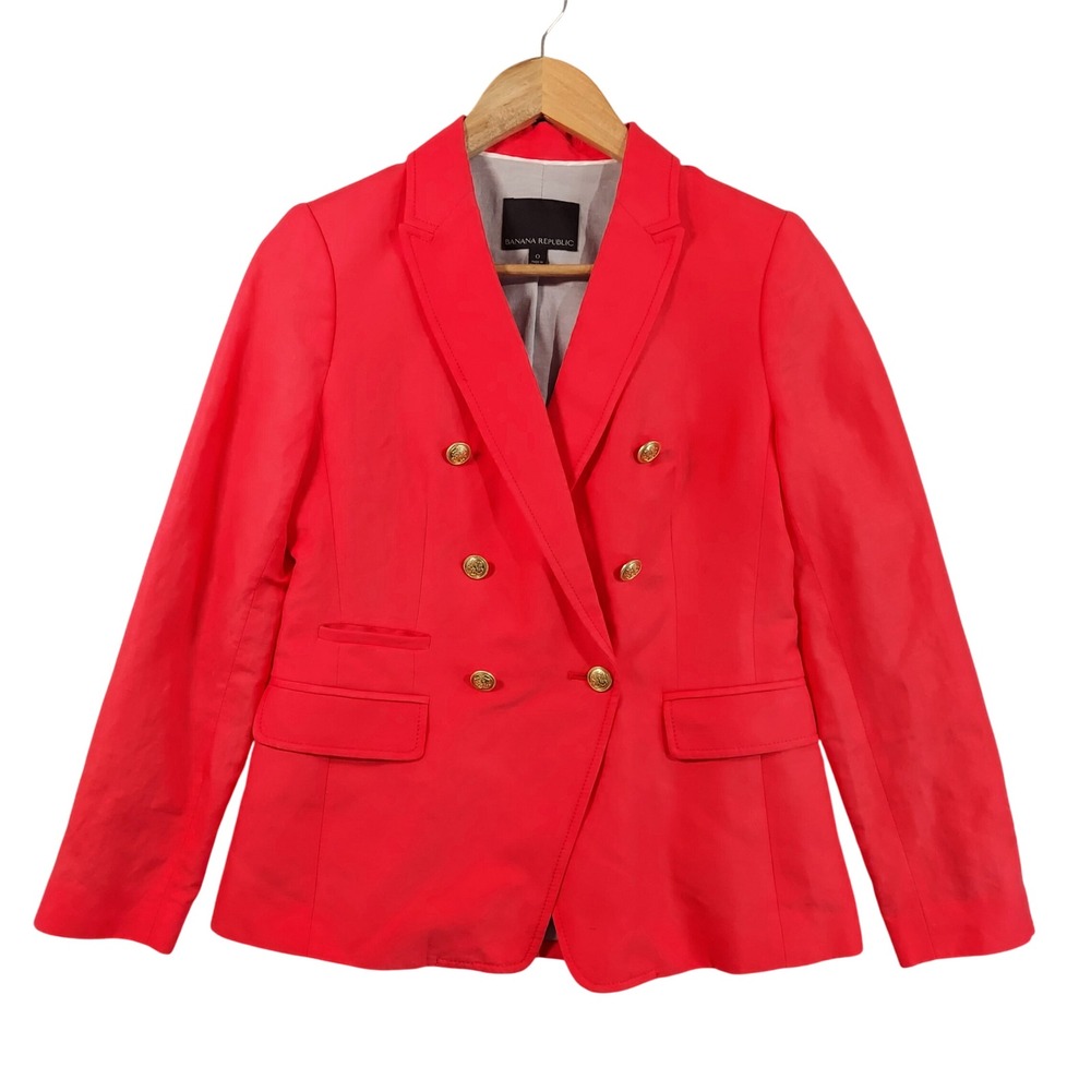 Banana Republic Blazer Women 0 Coral Red Double Breasted Linen Blend Gold Button